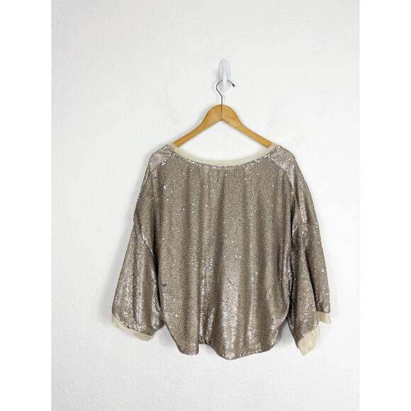 Free People Champagne Dreams Tee Small Neutral Gold Sequin Oversized Cropped - Picture 12 of 13